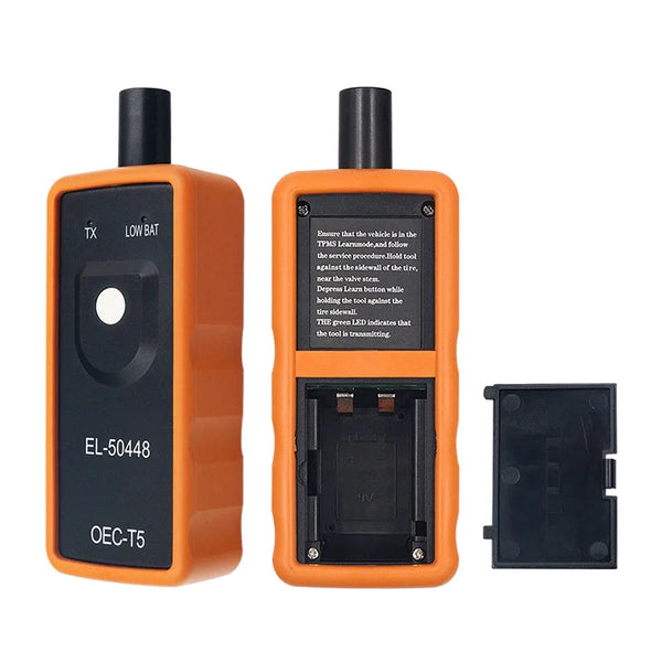 An orange TPMS tire pressure sensor re-learn tool with a black sensor unit and a separate tool component.