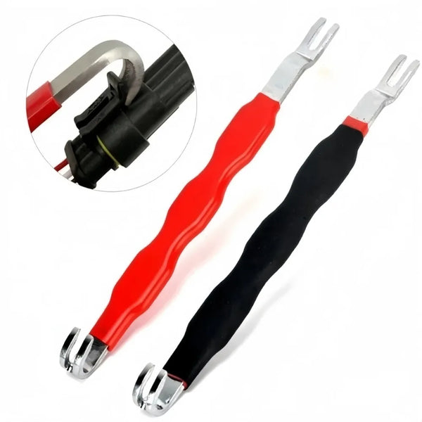 A red and black multi-functional electrical connector disconnect tool with silver jaws and a magnified view of the connector 