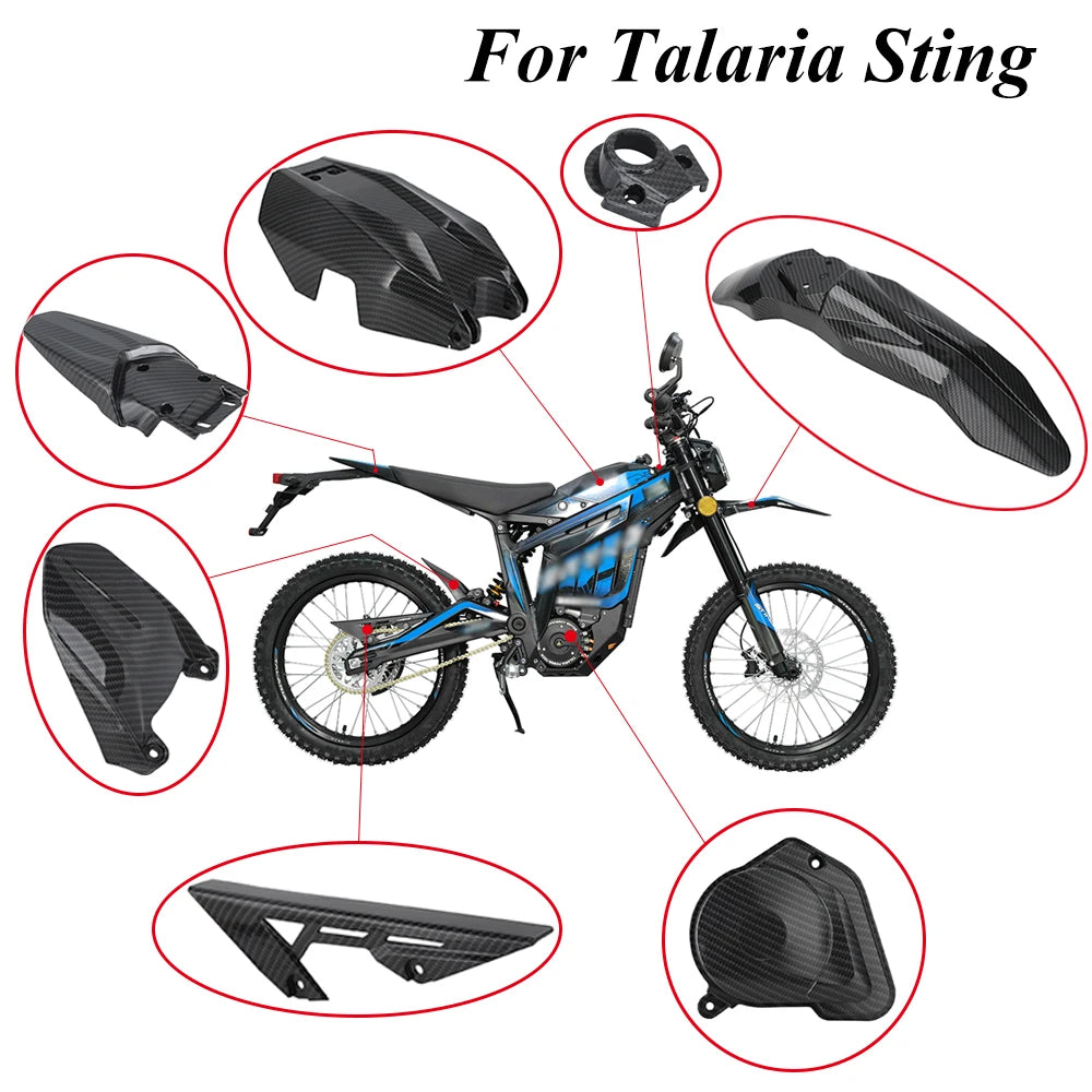 A collection of motorcycle mudguards and protection kits for a Talaria Sting model, shown with various components.