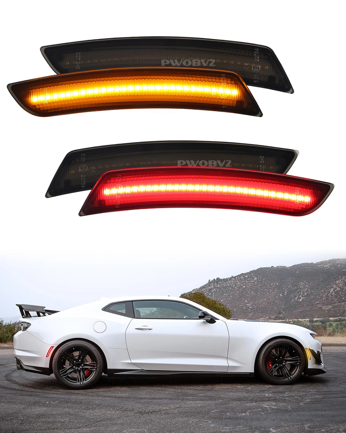 A white Camaro sports car with aftermarket LED turn signal lights installed on the front fender.
