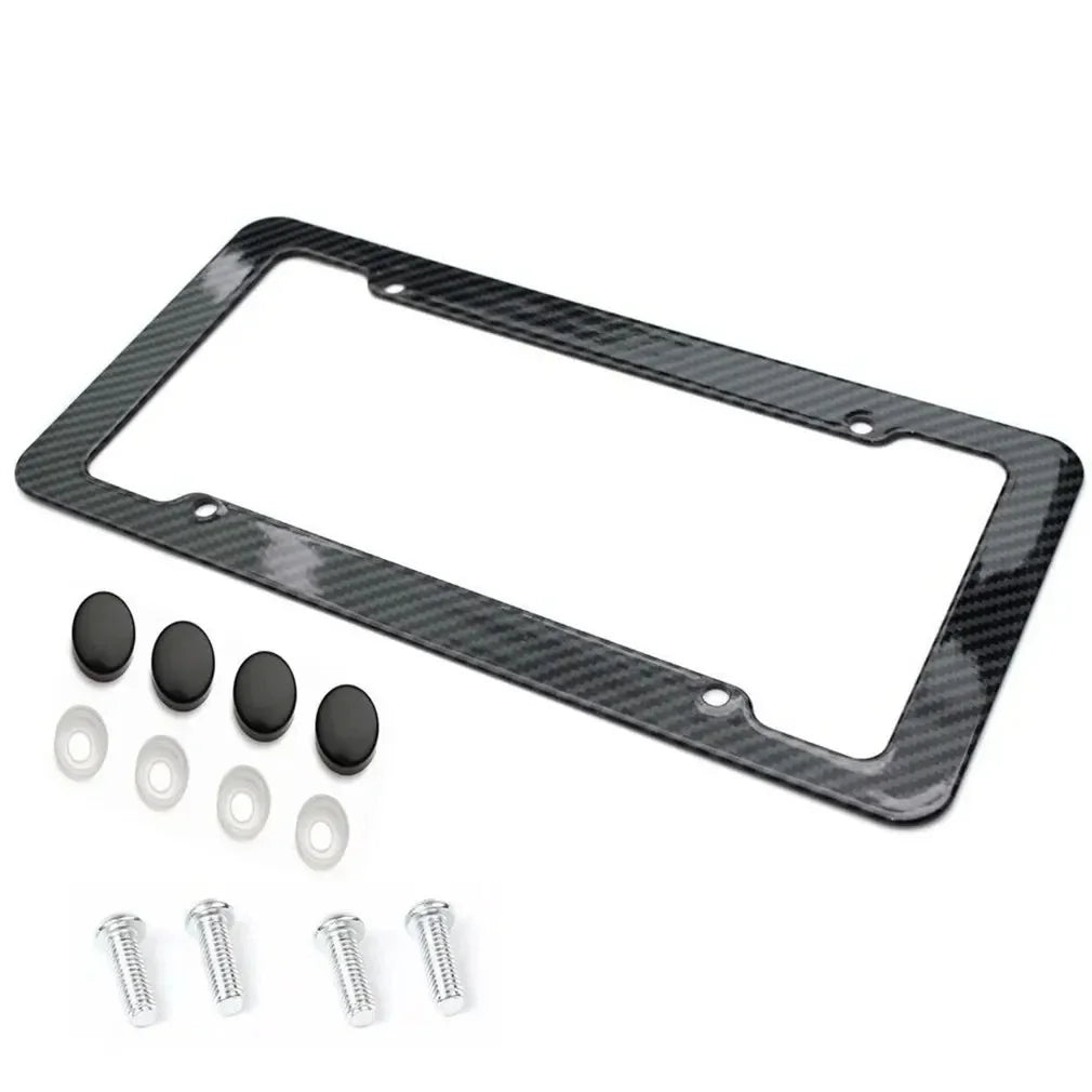 Black carbon pattern universal license plate frame with mounting hardware.