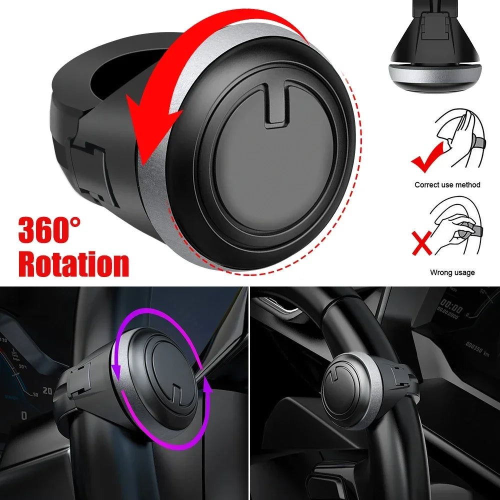 A black universal steering wheel booster knob is shown with a 360 degree rotation feature and usage instructions.