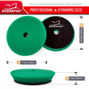 A set of professional and standard size Sharkfox polishing sponge pads in green and black.