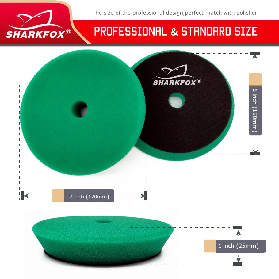 A set of professional and standard size Sharkfox polishing sponge pads in green and black.