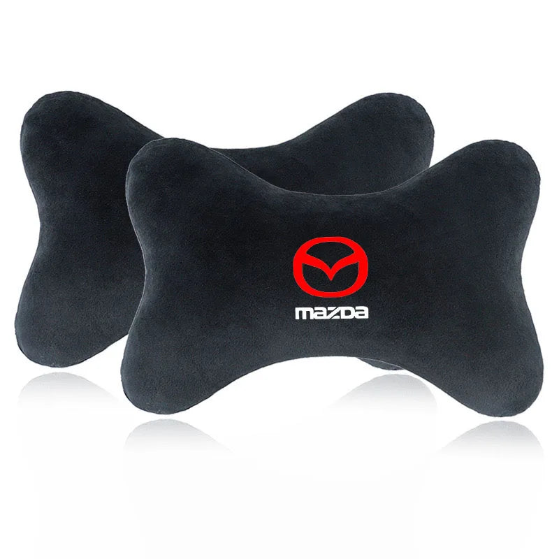 Black car headrest seat belt shoulder pad with a Mazda logo