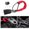 A red anti-theft steering wheel lock with a black connector and mounting mechanism shown in detail.