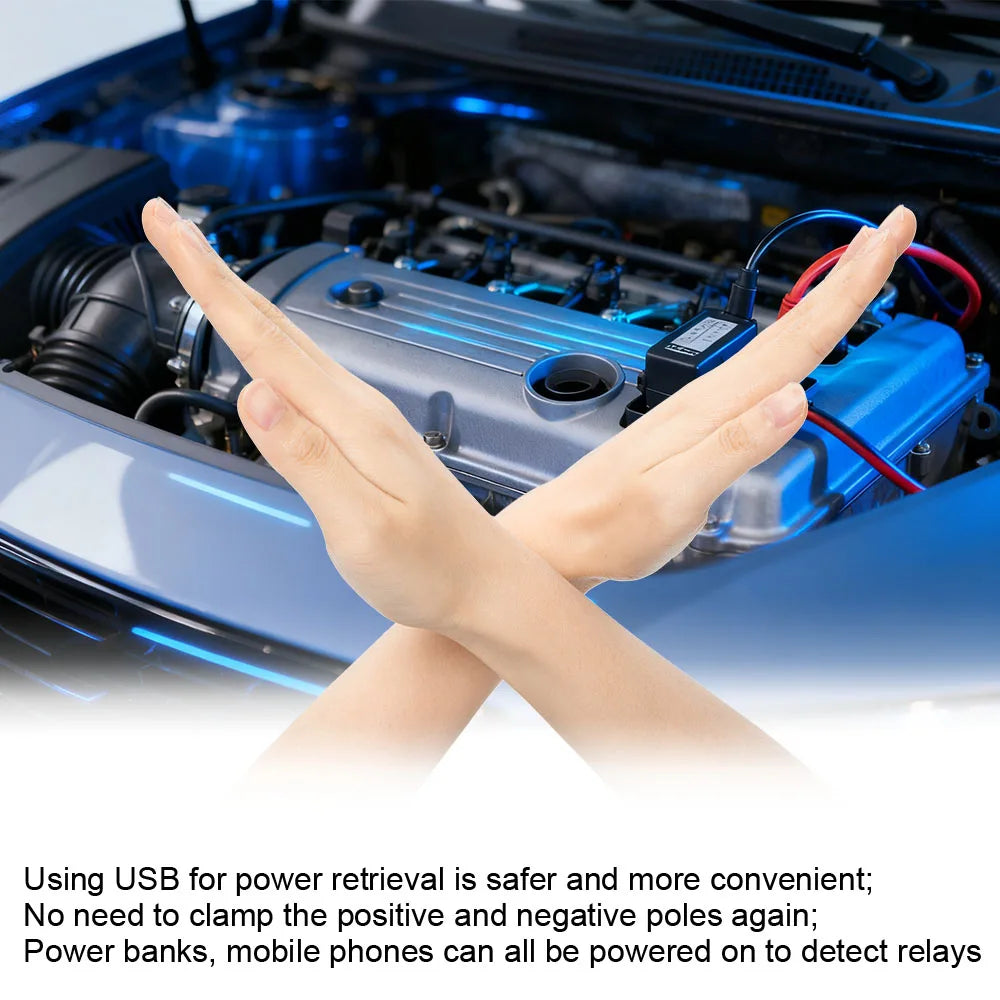A hand is crossing its arms in front of an engine, demonstrating the use of a USB device for power retrieval on an automotive