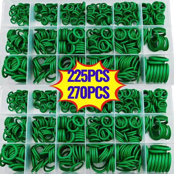 Assortment of green rubber O-ring gaskets in various sizes and quantities for automotive air conditioning systems
