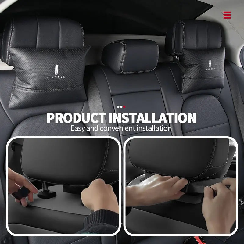 Installation of an ergonomic car headrest neck support pillow in a car seat.