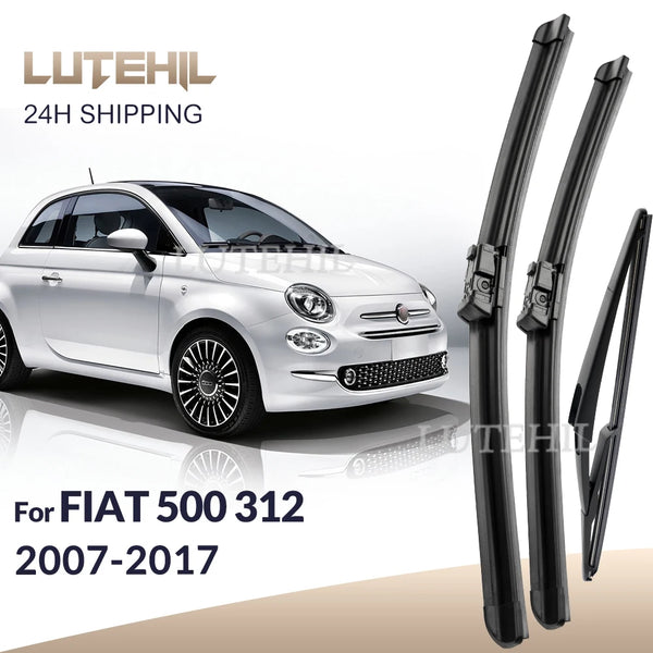Juego de escobillas limpiaparabrisas universales para Fiat 500 blanca, disponibles para modelos de 2007 a 2017.