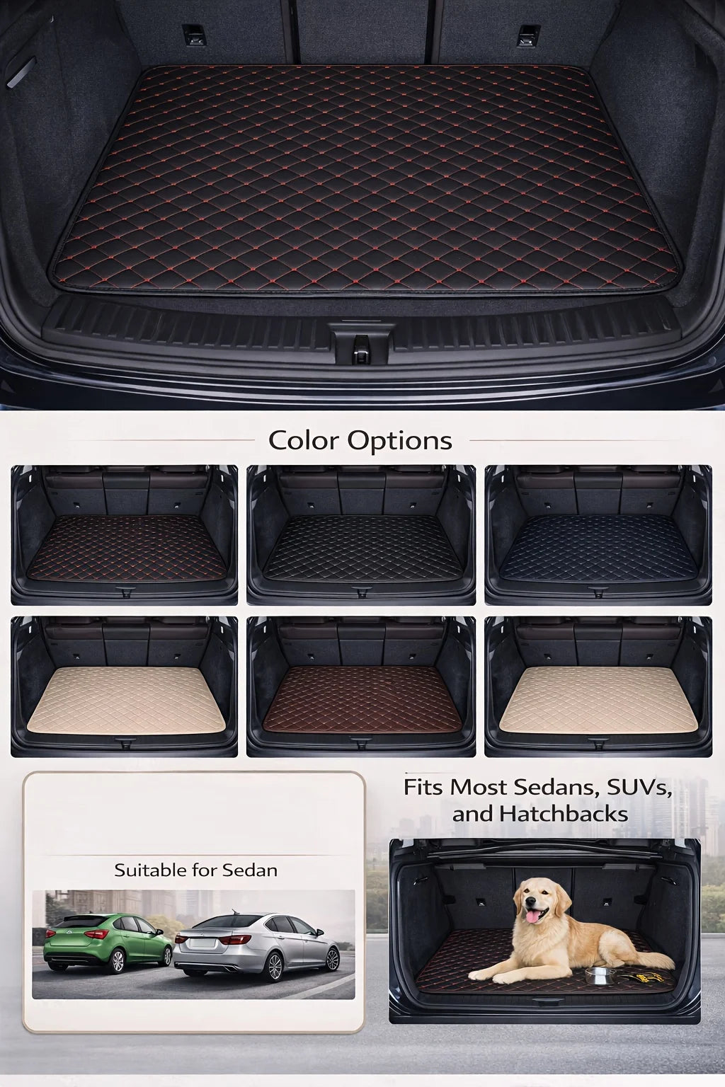 Car trunk mat with rhombus pattern in black and brown colors shown in various options for sedans, SUVs, and hatchbacks