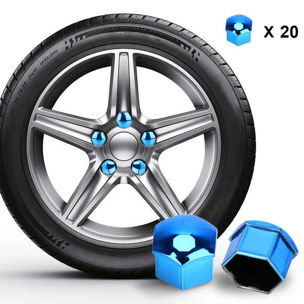 Veinte tapas protectoras de tuercas de ruedas en metal hexagonal azul y plateado