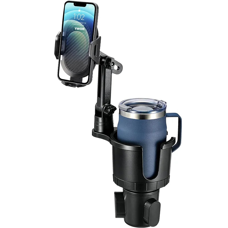 A black adjustable cup holder phone mount designed for car use, featuring a 360-degree rotation and a holder for a glass cup.