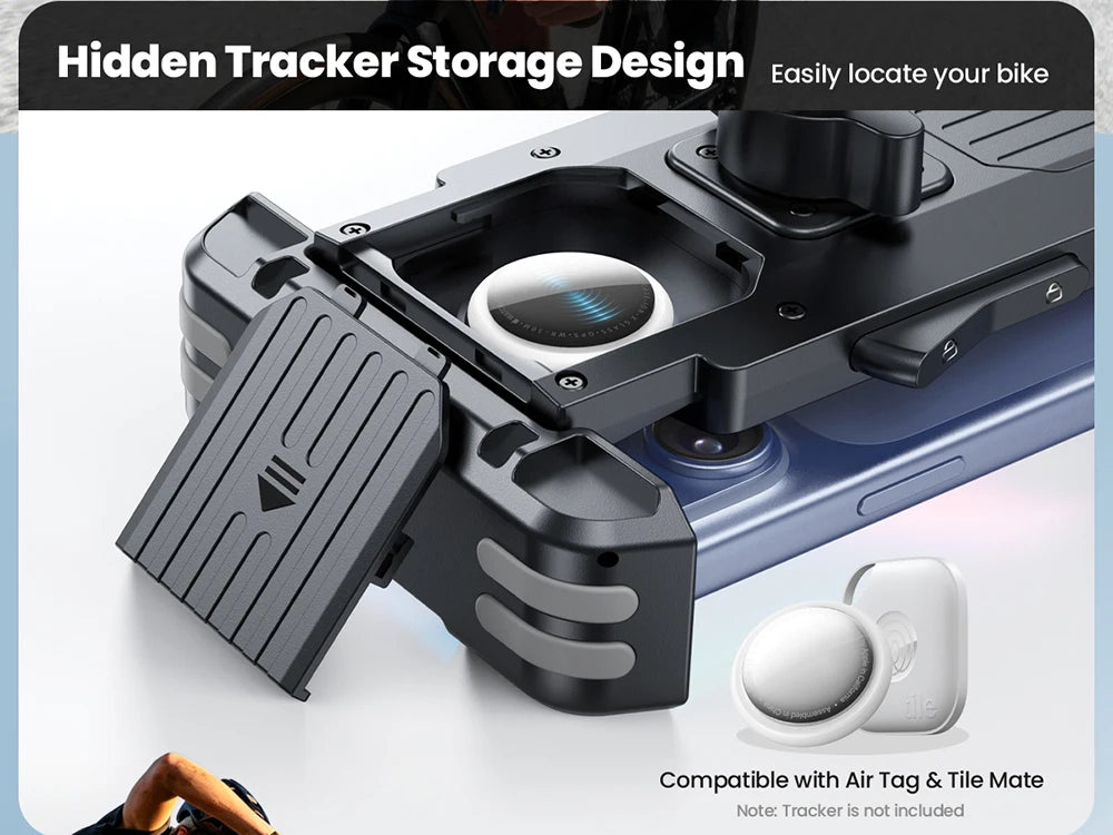 A black bike phone holder with a hidden tracker design shown next to a smartphone.