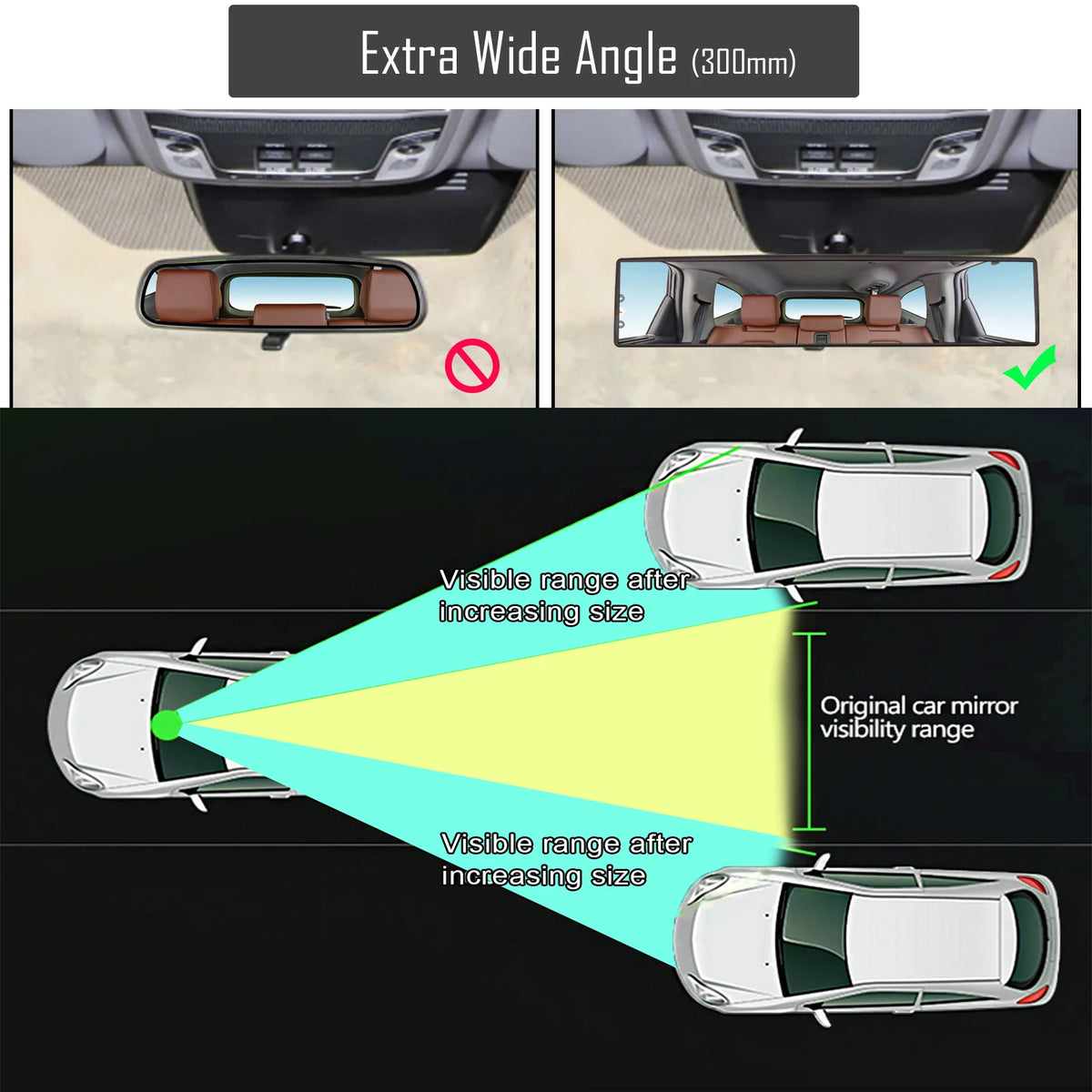 Demonstration of an extra wide angle car mirror showing increased visibility range.