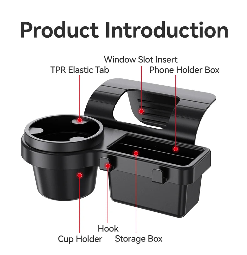 Black multi-purpose car door storage organizer featuring a window slot insert, phone holder box, cup holder, and storage box.