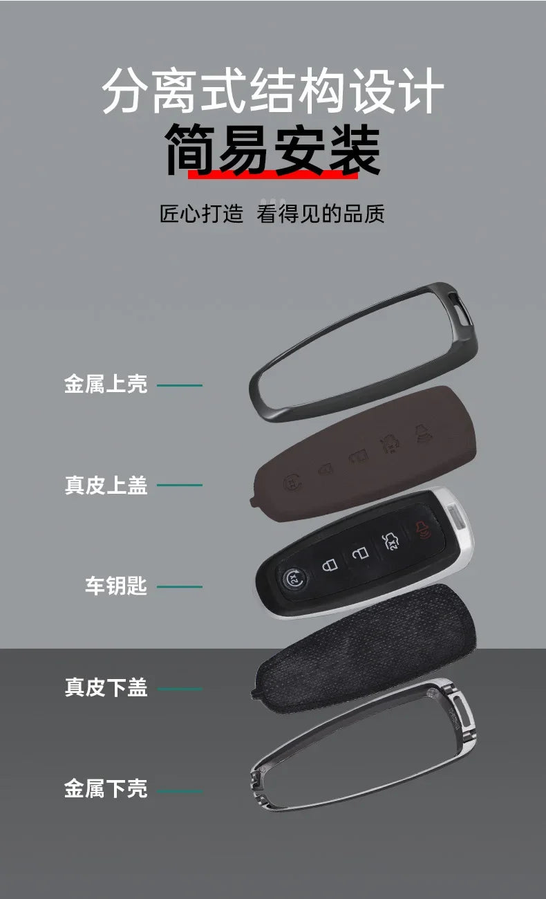 A set of car key covers made of zinc alloy and leather, shown in various configurations.
