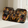 A set of dog-themed car windshield sunshades featuring close-up photos of happy dogs.