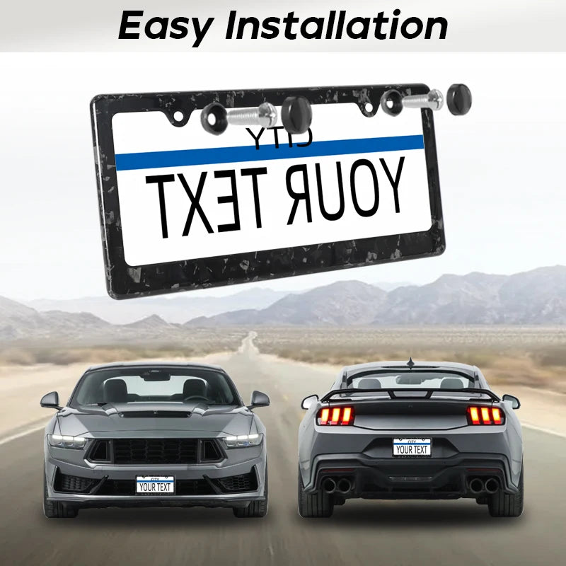 A black license plate frame cover with a blue stripe and text, shown alongside a gray sports car.