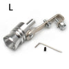 A silver universal turbo exhaust whistle with a mounting bracket and a metal rod.