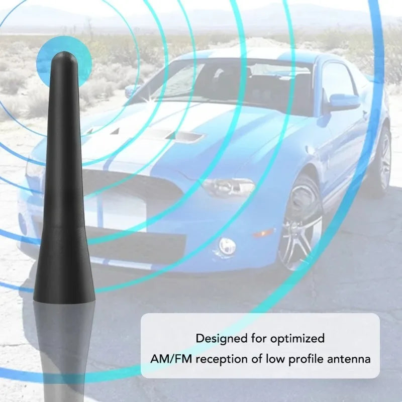 A black universal car radio antenna mount is shown next to a blue sports car, demonstrating low profile antenna reception.