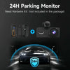 A black dash camera is shown with a separate hardware kit and a car in a parking scenario.