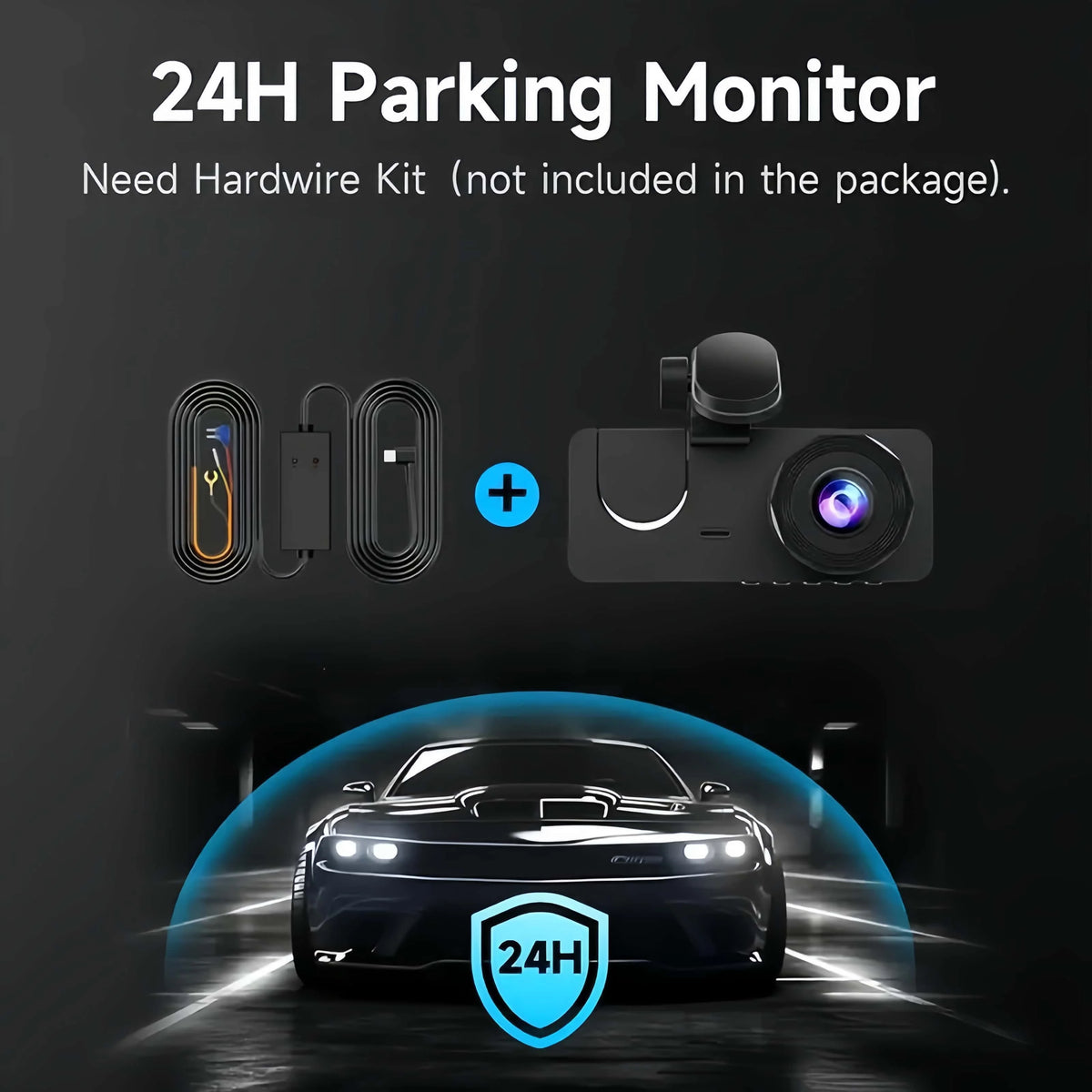 A black dash camera is shown with a separate hardware kit and a car in a parking scenario.