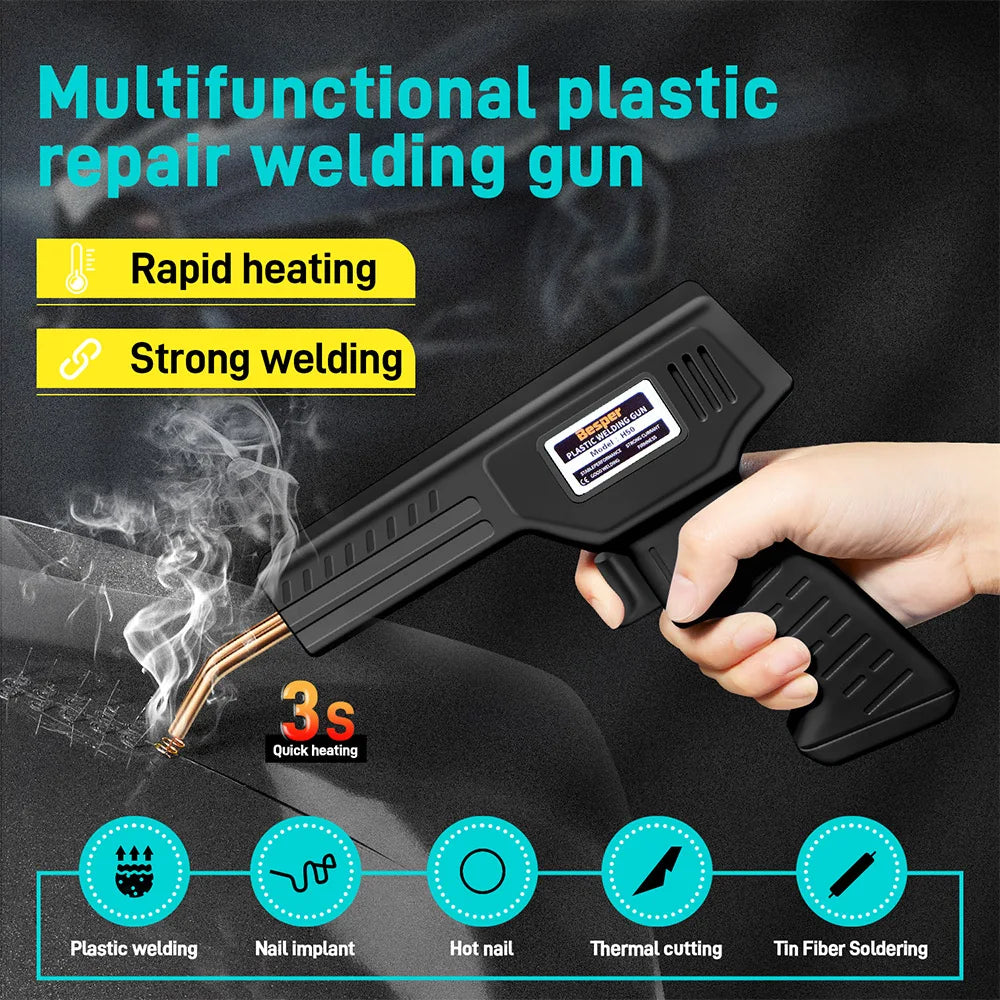 A hand holds a black multifunctional plastic repair welding gun demonstrating its use for various plastic welding techniques.