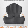 An ergonomic shell seat cushion in black showing front, side, and back views.