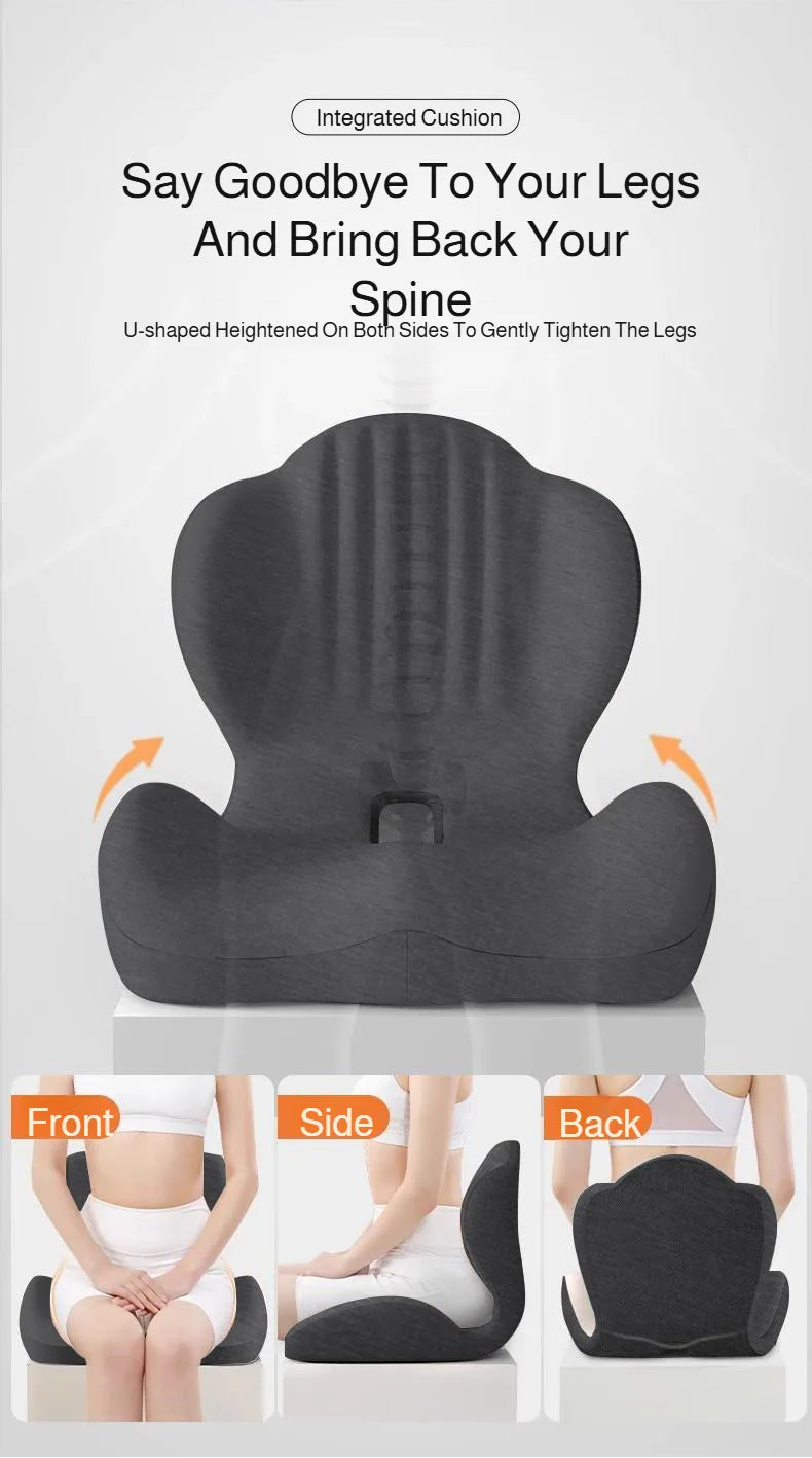 An ergonomic shell seat cushion in black showing front, side, and back views.
