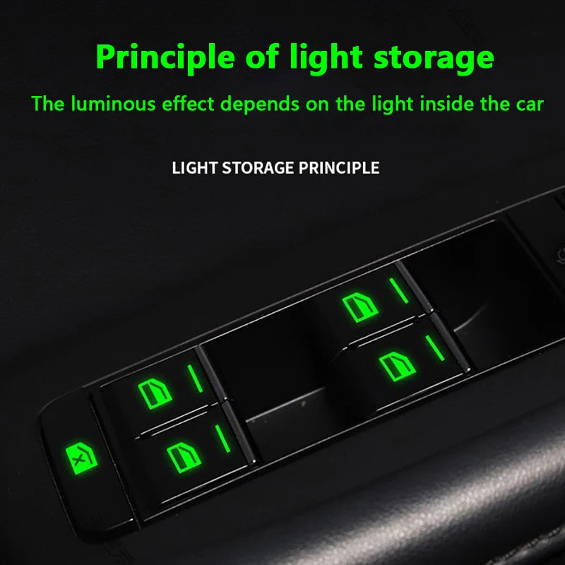 Close-up of car window luminous button stickers showing green light storage principle