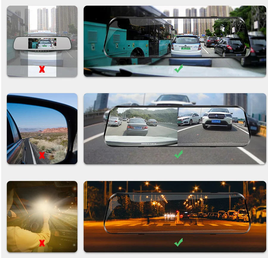 Démonstration d'un DVR automobile dual 1080P avec vision nocturne HD dans divers contextes de conduite et de surveillance.