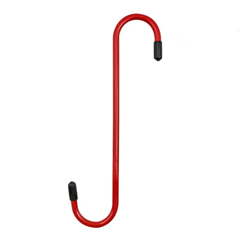 A red suspension disc service brake caliper hook with a curved shape.