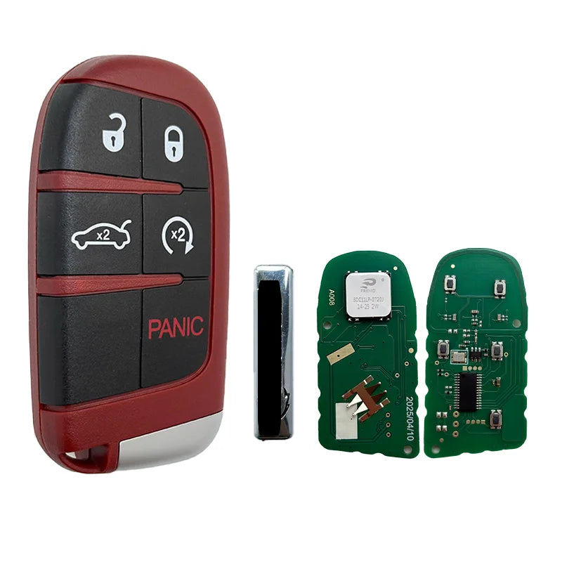 A red and black smart key fob with five buttons and an electronic circuit board are shown.