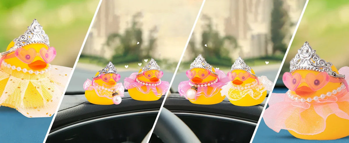 Three decorative rubber ducks with crowns and pearls displayed in a car interior setting.