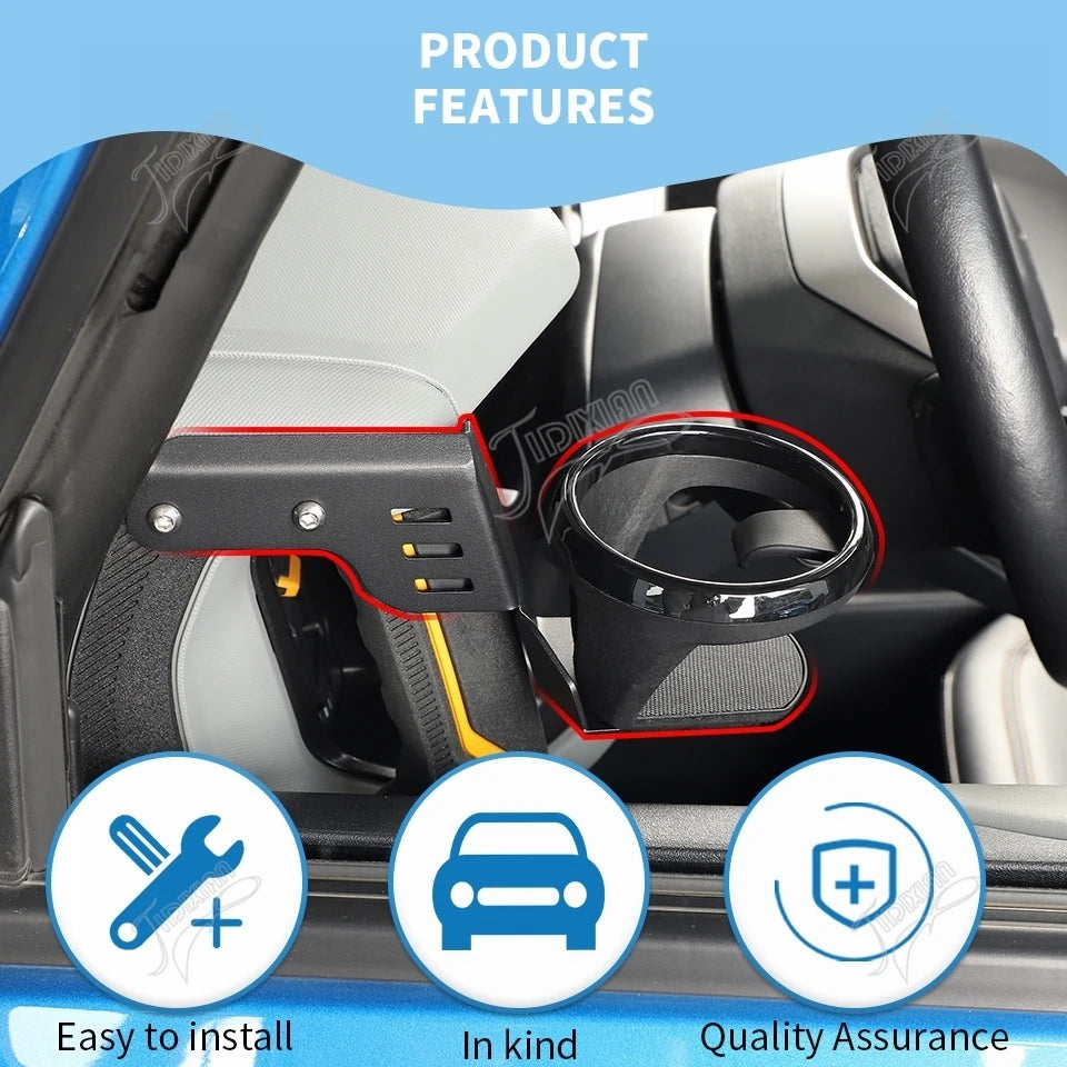 Close-up of a black handle cup holder installed in the interior of a vehicle, showing ease of installation and quality assura