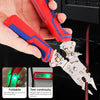A hand holds a red electrical wire stripper and testing tool, demonstrating its foldable design and continuity test function.