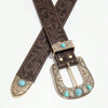 A vintage western PU leather belt with ornate gold detailing and turquoise accents.