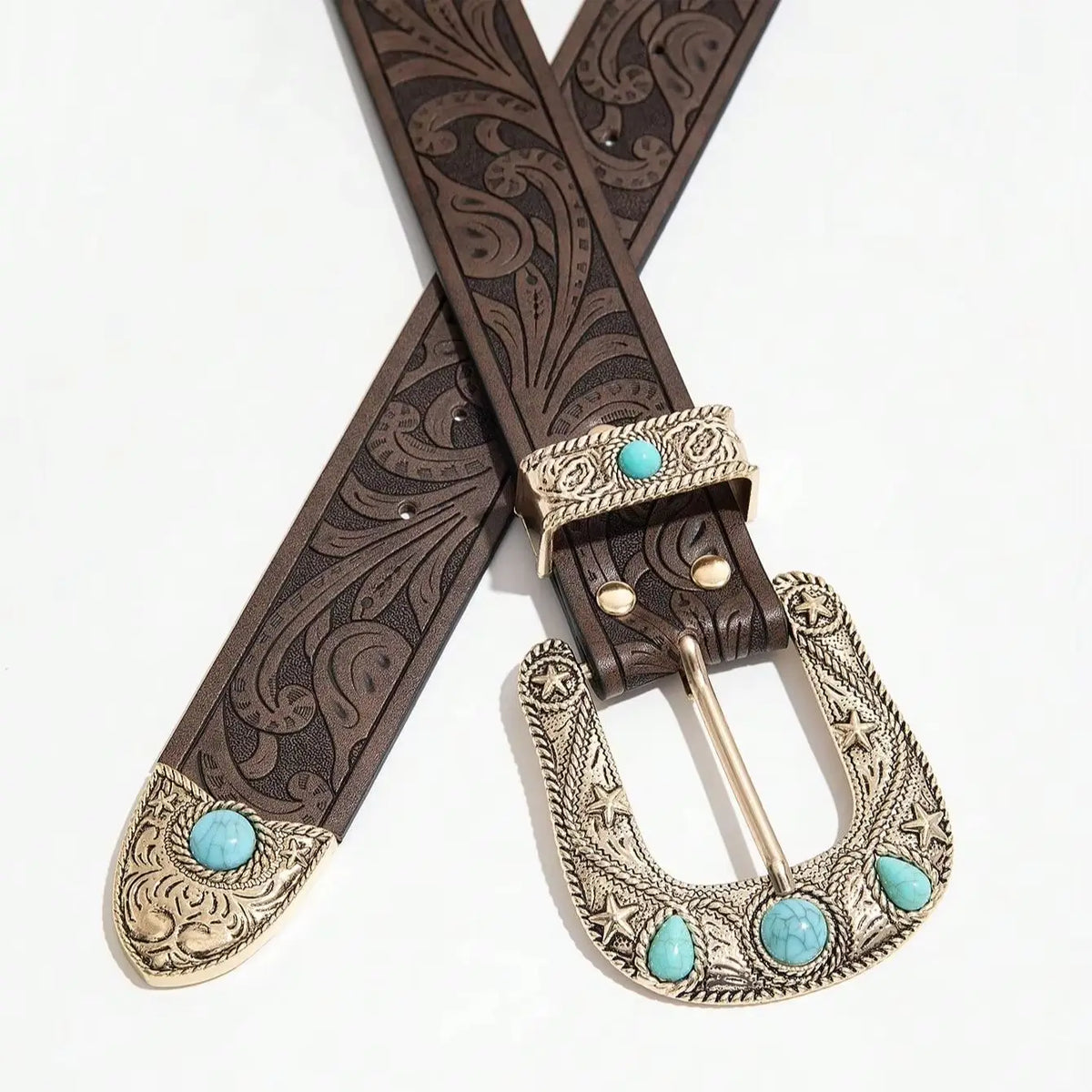A vintage western PU leather belt with ornate gold detailing and turquoise accents.