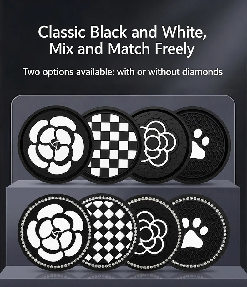Black and white coasters with floral, checkered, and paw print designs available with or without diamonds