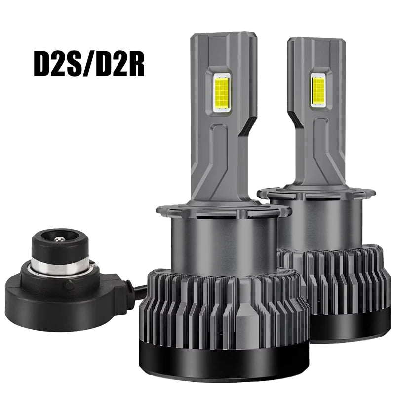 D2S/D2R automotive LED upgrade bulbs shown in a vertical and horizontal configuration.