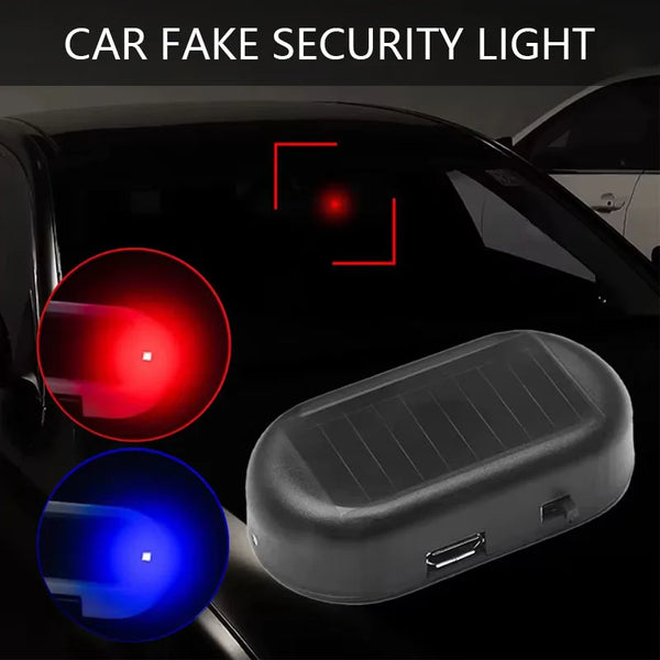 A solar powered anti-theft car warning light is shown illuminating a vehicle interior with red and blue lights.