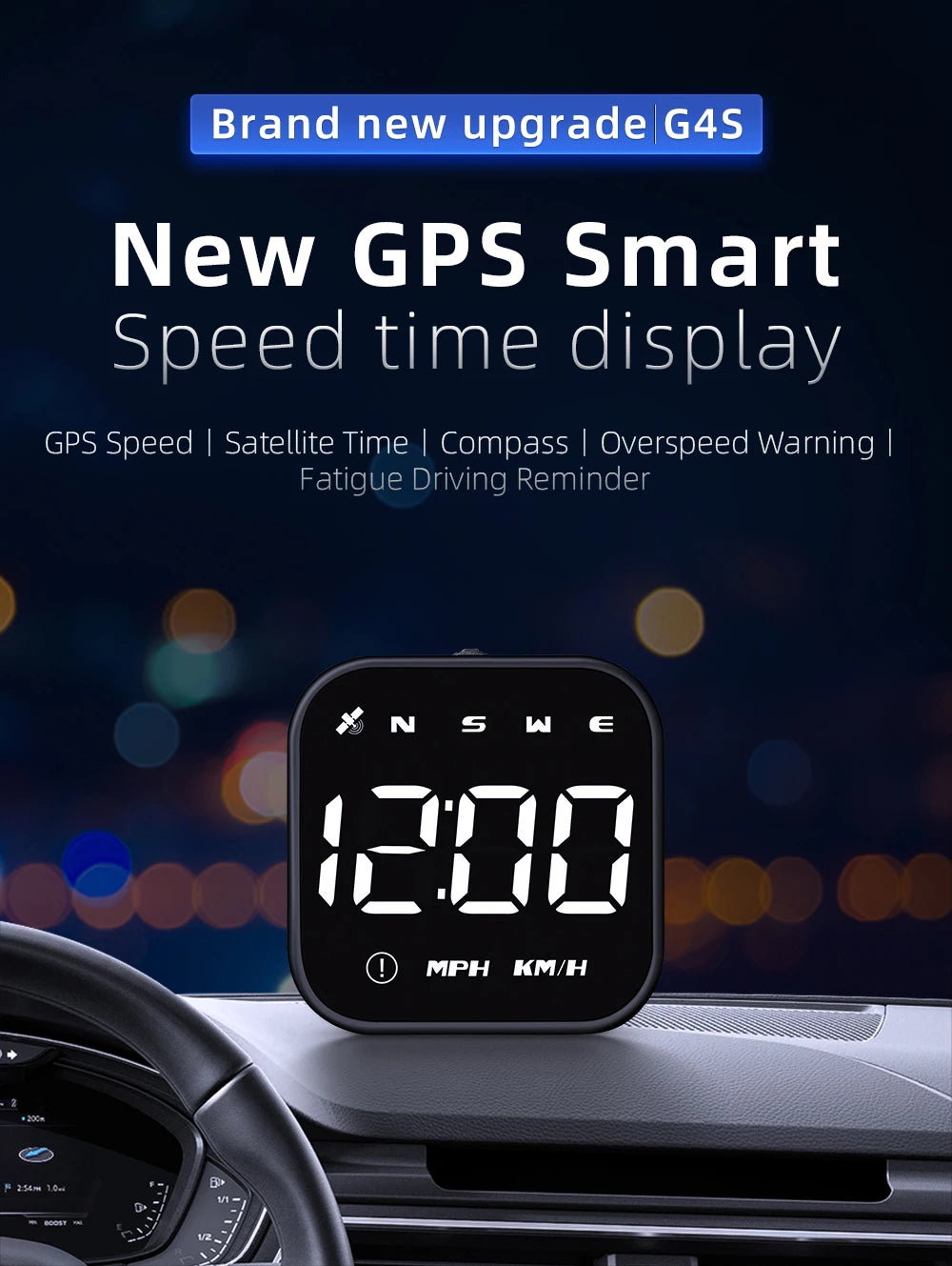 A black GPS smart speed time display is mounted on a car dashboard, showing 12:00 and MPH/KM/H readings.