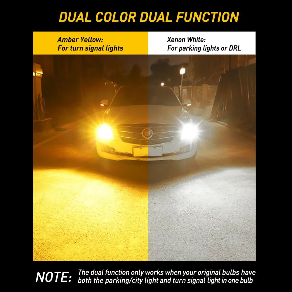 Phare de voiture montrant une double fonction couleur : jaune ambre pour les clignotants et blanc xénon pour les feux de posi