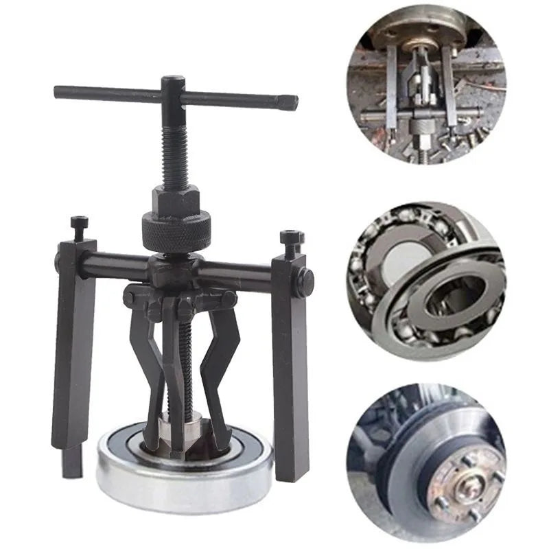 A black three-claw bearing puller tool with a threaded shaft and mounting arms for removing internal or external bearings.