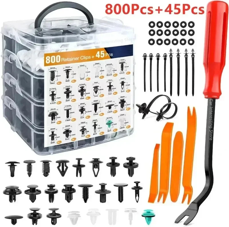 A clear plastic container holding 800 retainer clips and 45 clips for auto repair