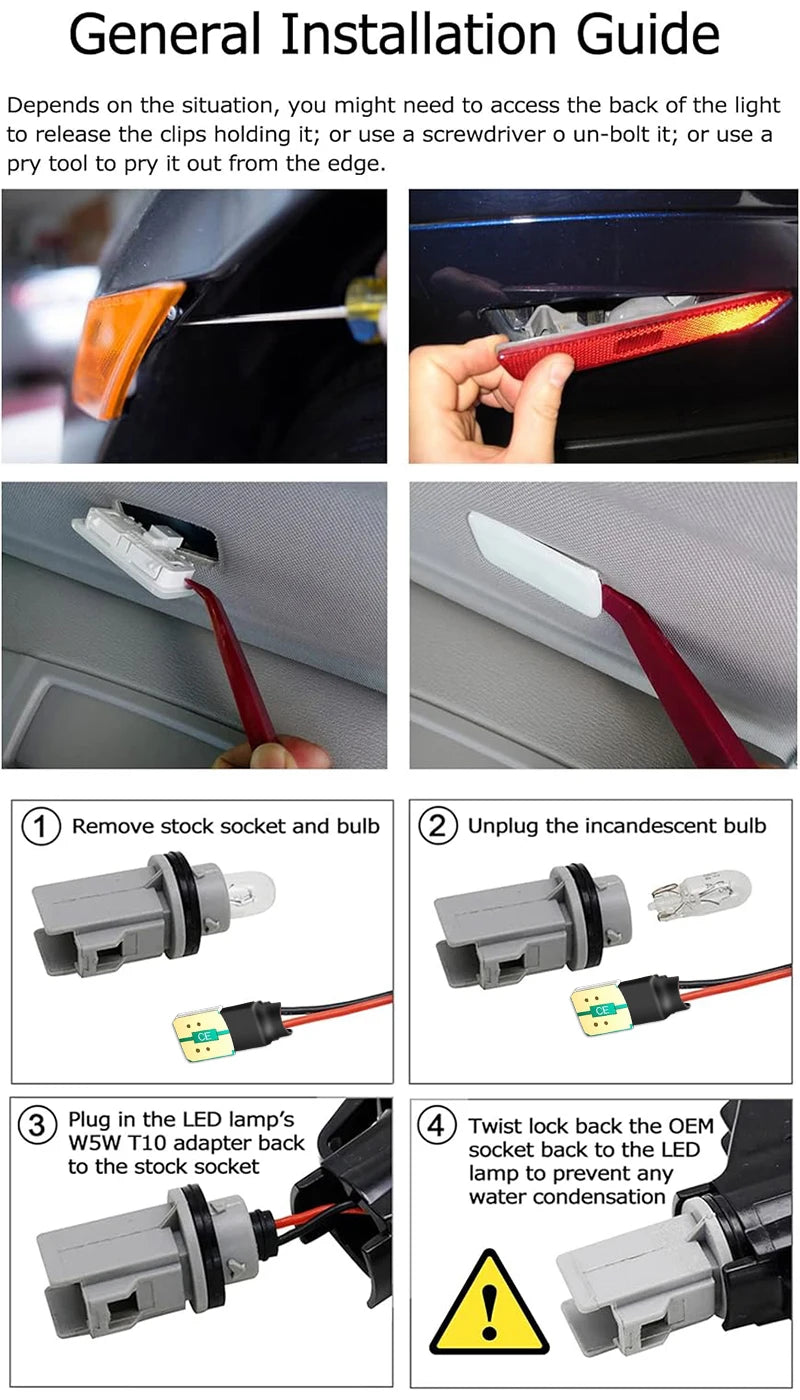 Installation guide showing steps to install high-intensity LED license plate lights into a vehicle.