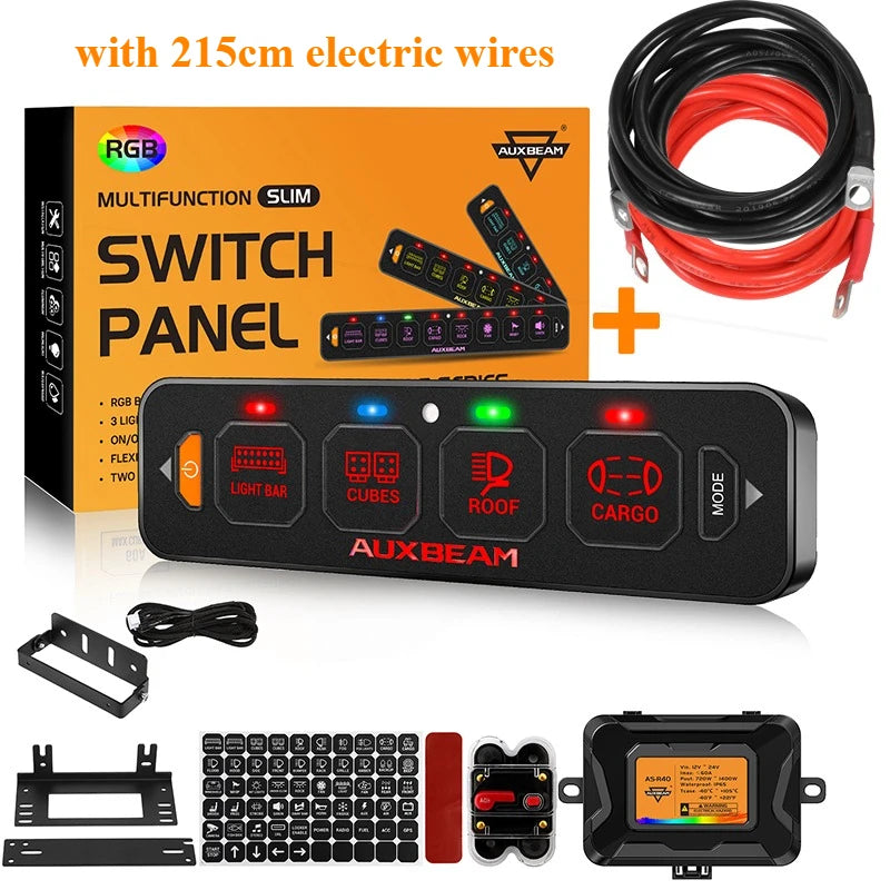 An RGB slim switch panel with multiple modes and a wireless remote control for vehicle lighting.