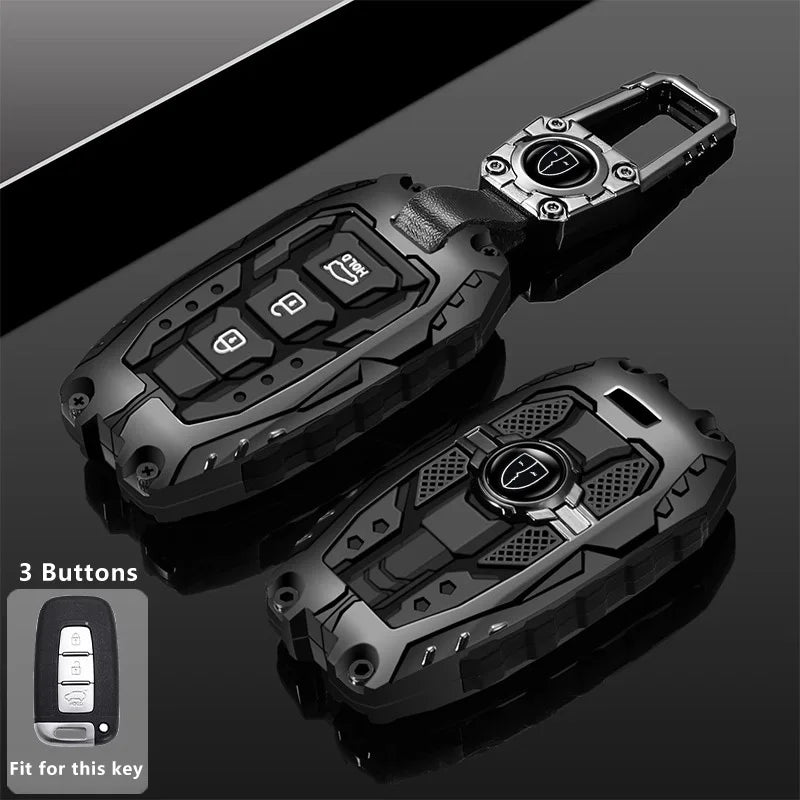A black universal car key fob cover for Hyundai and Kia models shown in a close-up view.