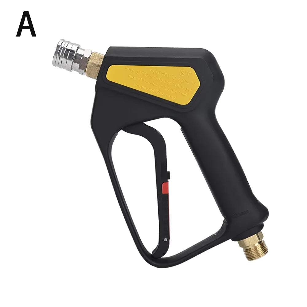 A black high-pressure short trigger spray gun with a yellow grip and a 1/4 inch quick connector.